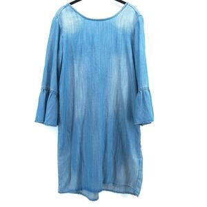 Stetson Western Boho Stonewash Chambray Denim Tie Back Bell Sleeve Shift Dress S